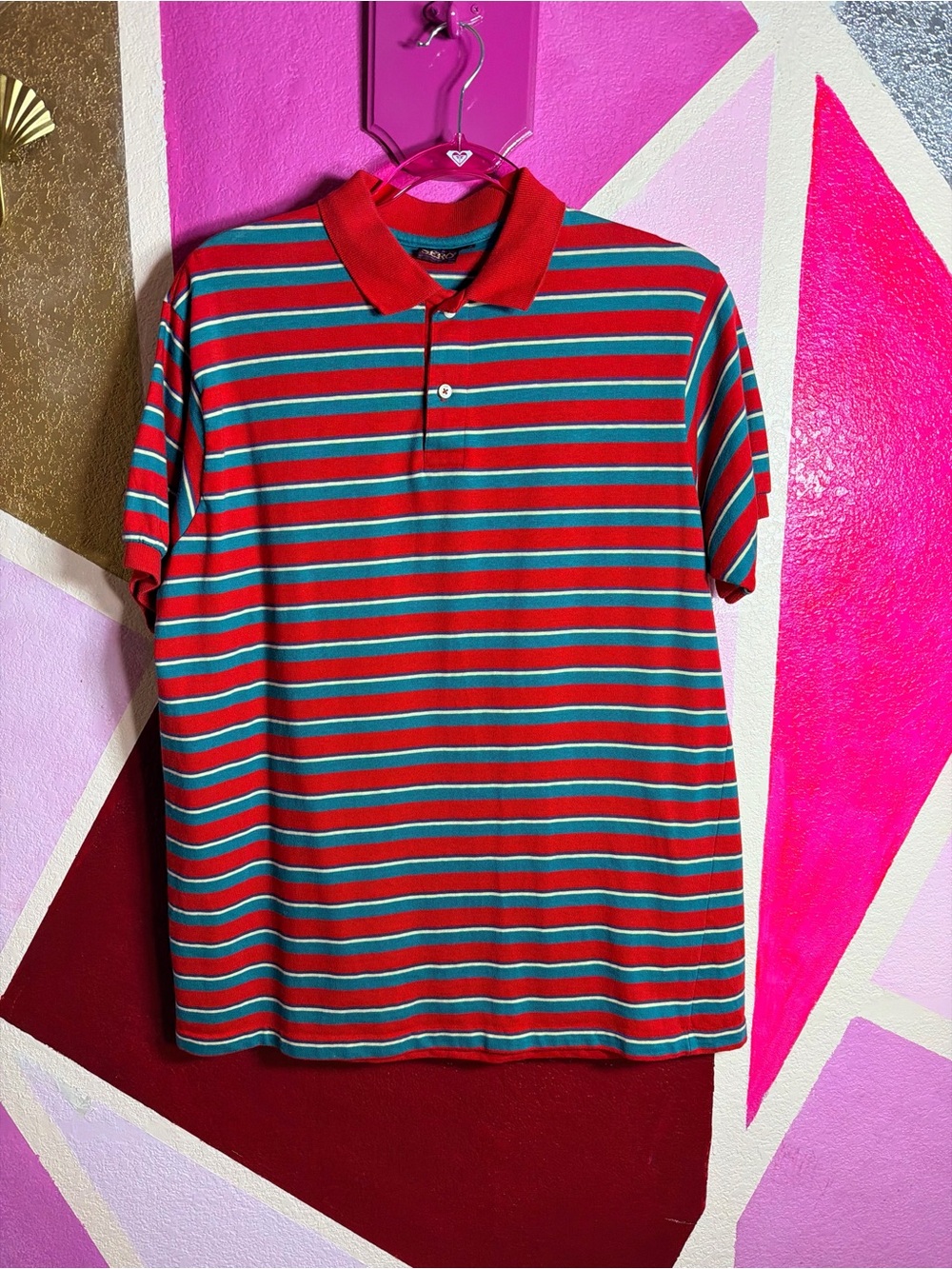 Sero Vintage 70s Striped Polo Shirt Red Teal Stripe Retro Menswear Size XL